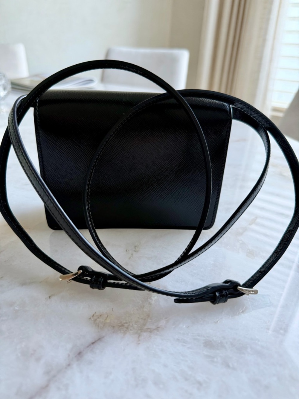 PRADA  Black Saffiano & Red Interior Leather Metal Crossbody Shoulder Bag Clutch - Picture 5 of 15
